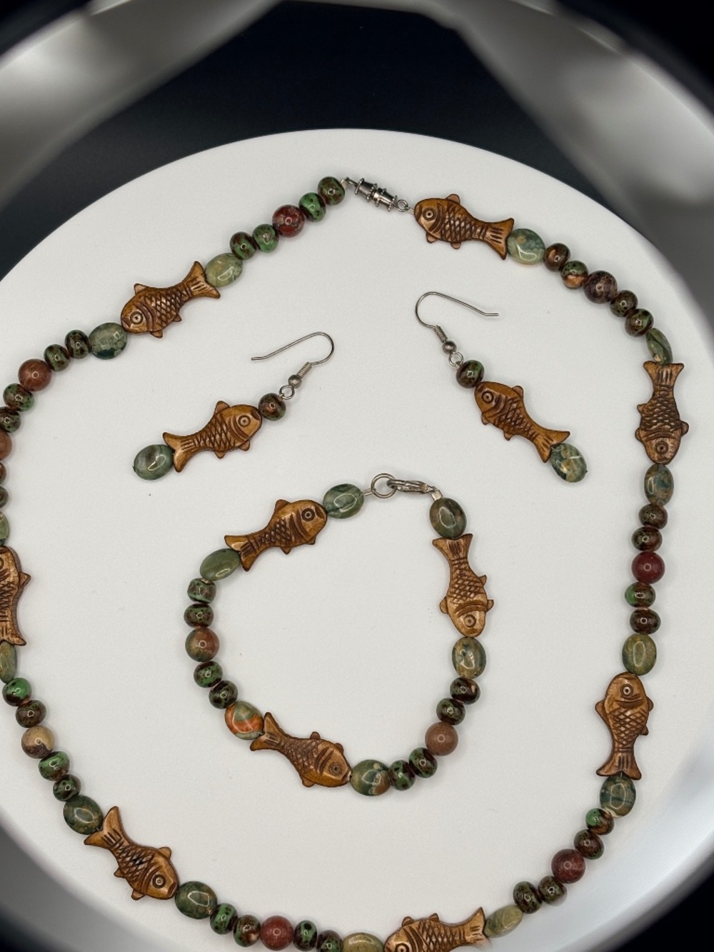 Artisan Handmade Unakite Jasper Beaded Fish Jewelry Set Necklace Bracelet Earrin